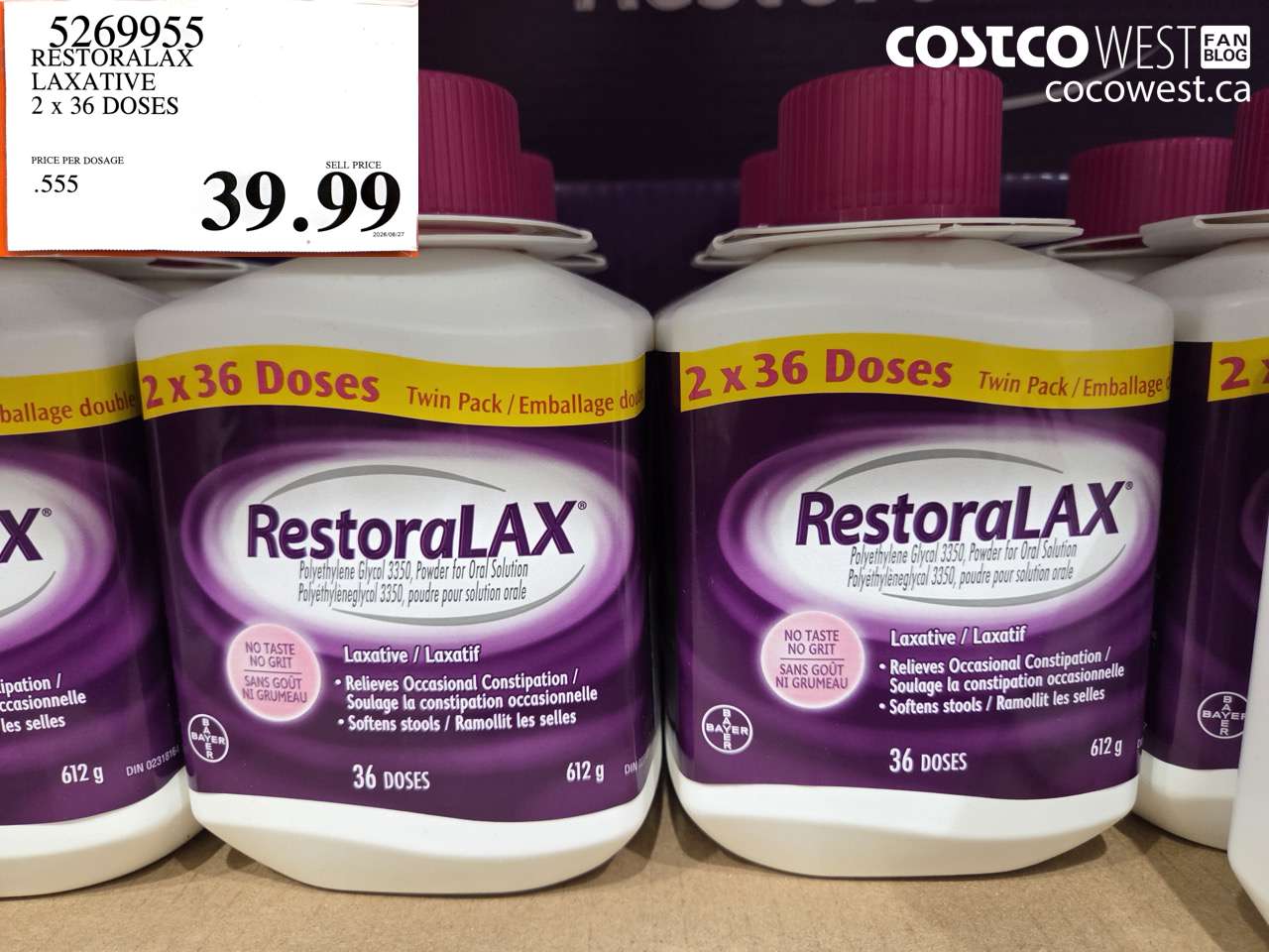 5269955 RESTORALAX LAXATIVE 2 X 36 DOSES $39.99