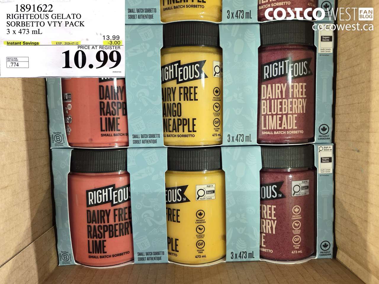 1891622 RIGHTEOUS GELATO SORBETTO VTY PACK 3 X 473 ML ($3.00 INSTANT SAVINGS EXPIRES ON 2026-07-12) $10.99
