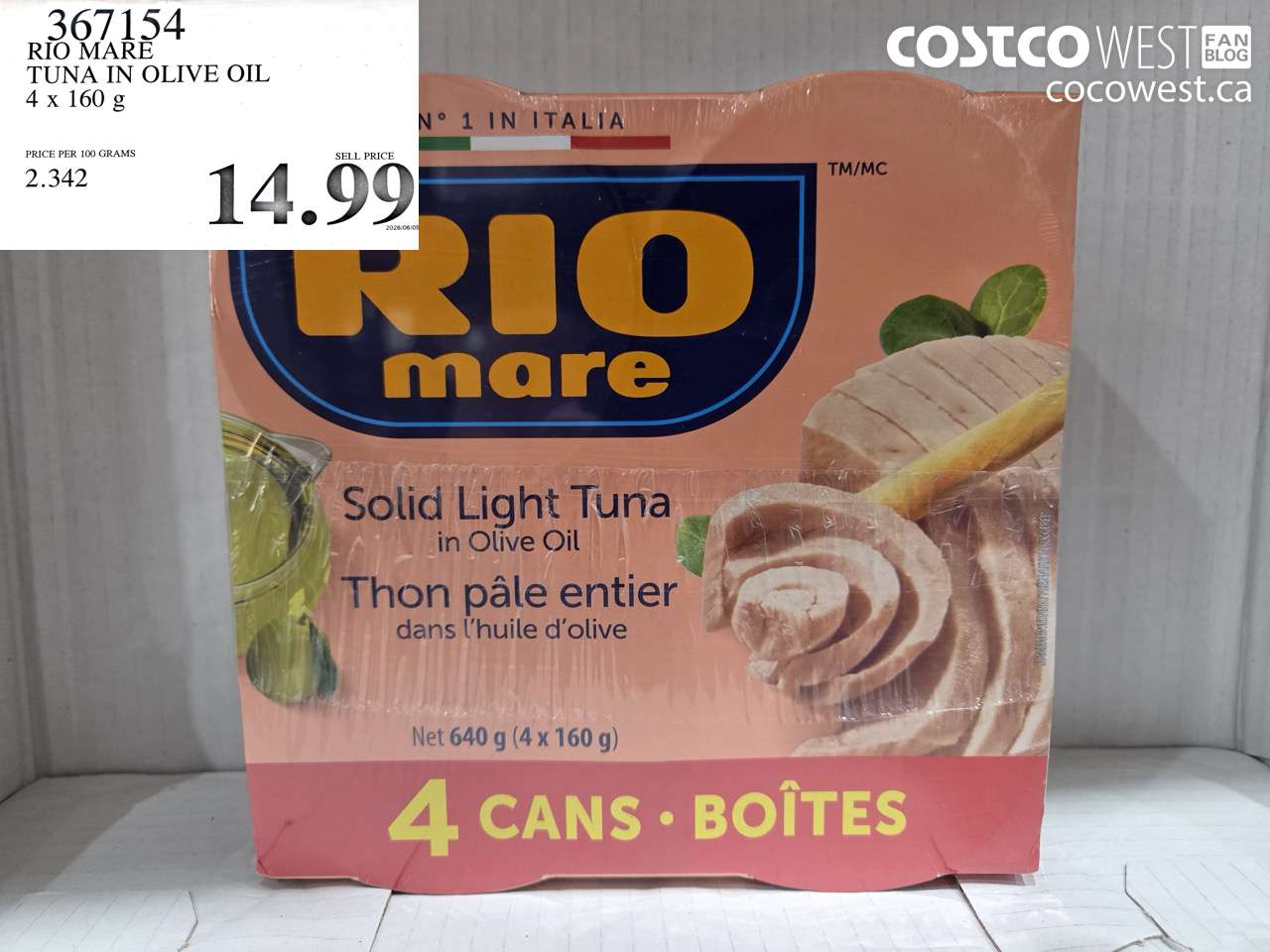367154 RIO MARE TUNA IN OLIVE OIL 4 X 160 G $14.99