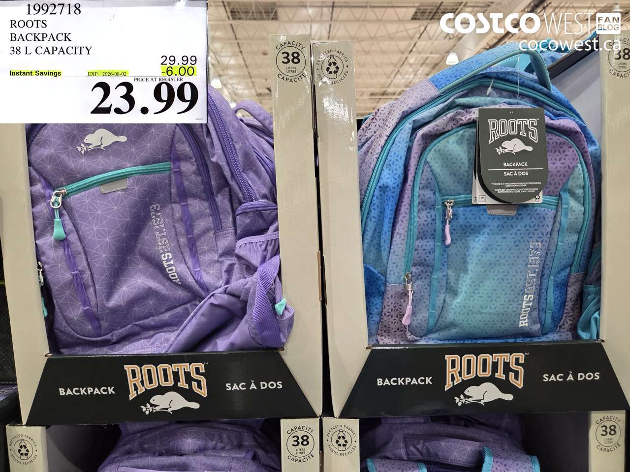 1992718 ROOTS BACKPACK 38 L CAPACITY ($6.00 INSTANT SAVINGS EXPIRES ON 2026-08-02) $23.99