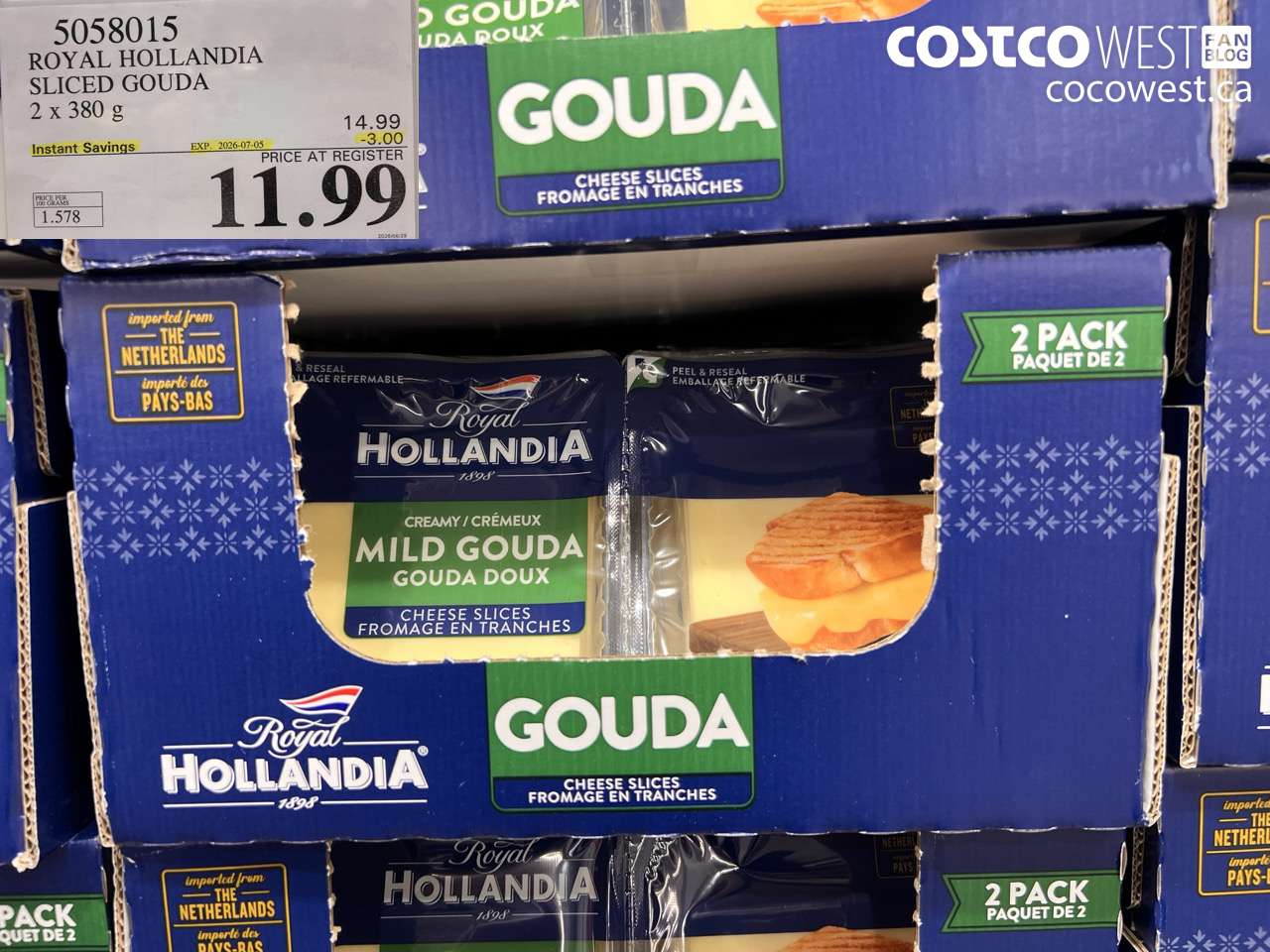5058015 ROYAL HOLLANDIA SLICED GOUDA 2 X 380 G ($3.00 INSTANT SAVINGS EXPIRES ON 2026-07-05) $11.99