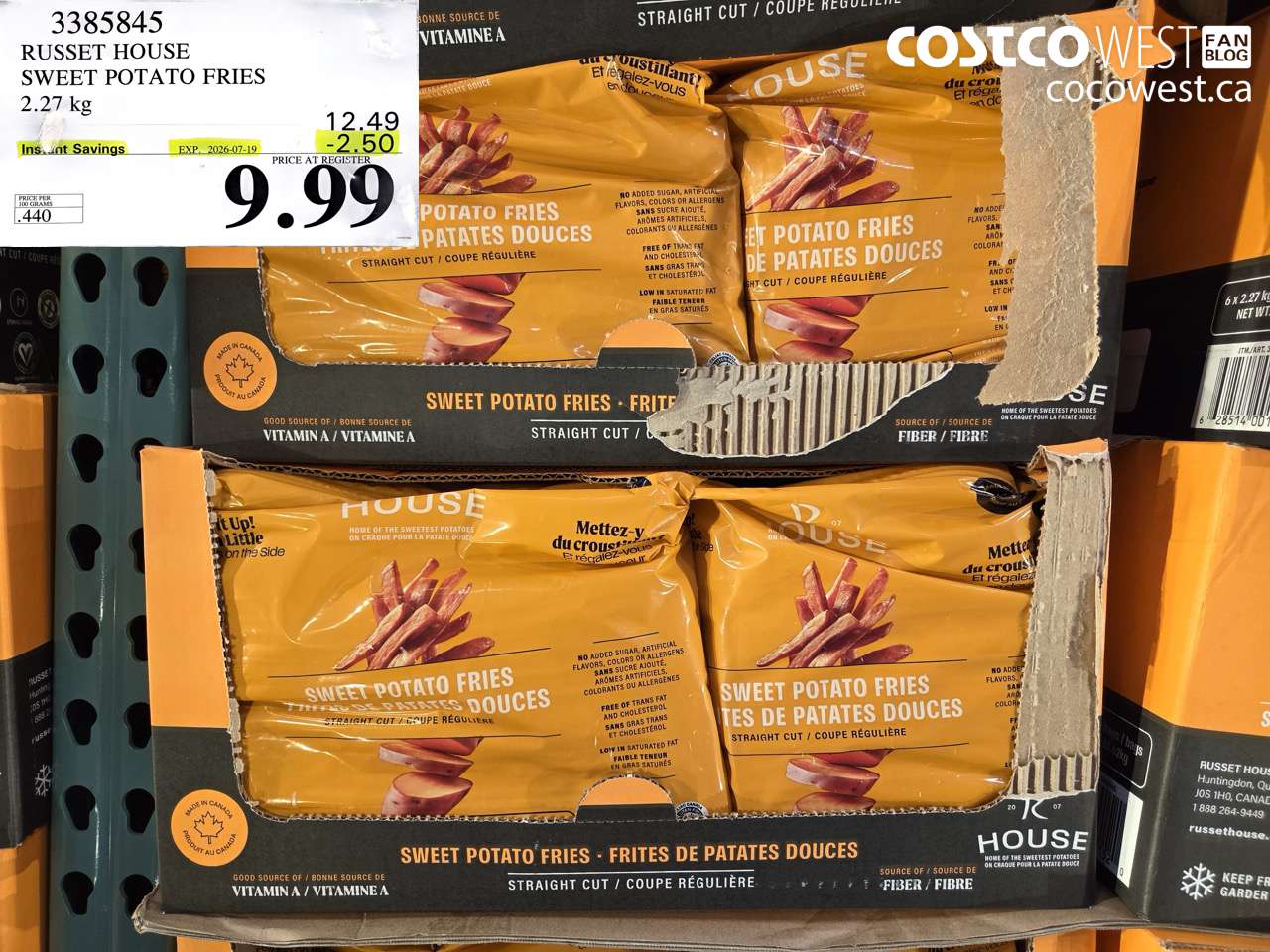 3385845 RUSSET HOUSE SWEET POTATO FRIES 2.27 KG ($2.50 INSTANT SAVINGS EXPIRES ON 2026-07-19) $9.99