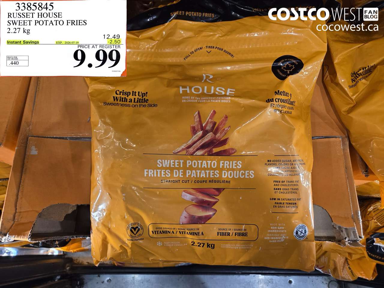 3385845 RUSSET HOUSE SWEET POTATO FRIES 2.27 KG ($2.50 INSTANT SAVINGS EXPIRES ON 2026-07-19) $9.99