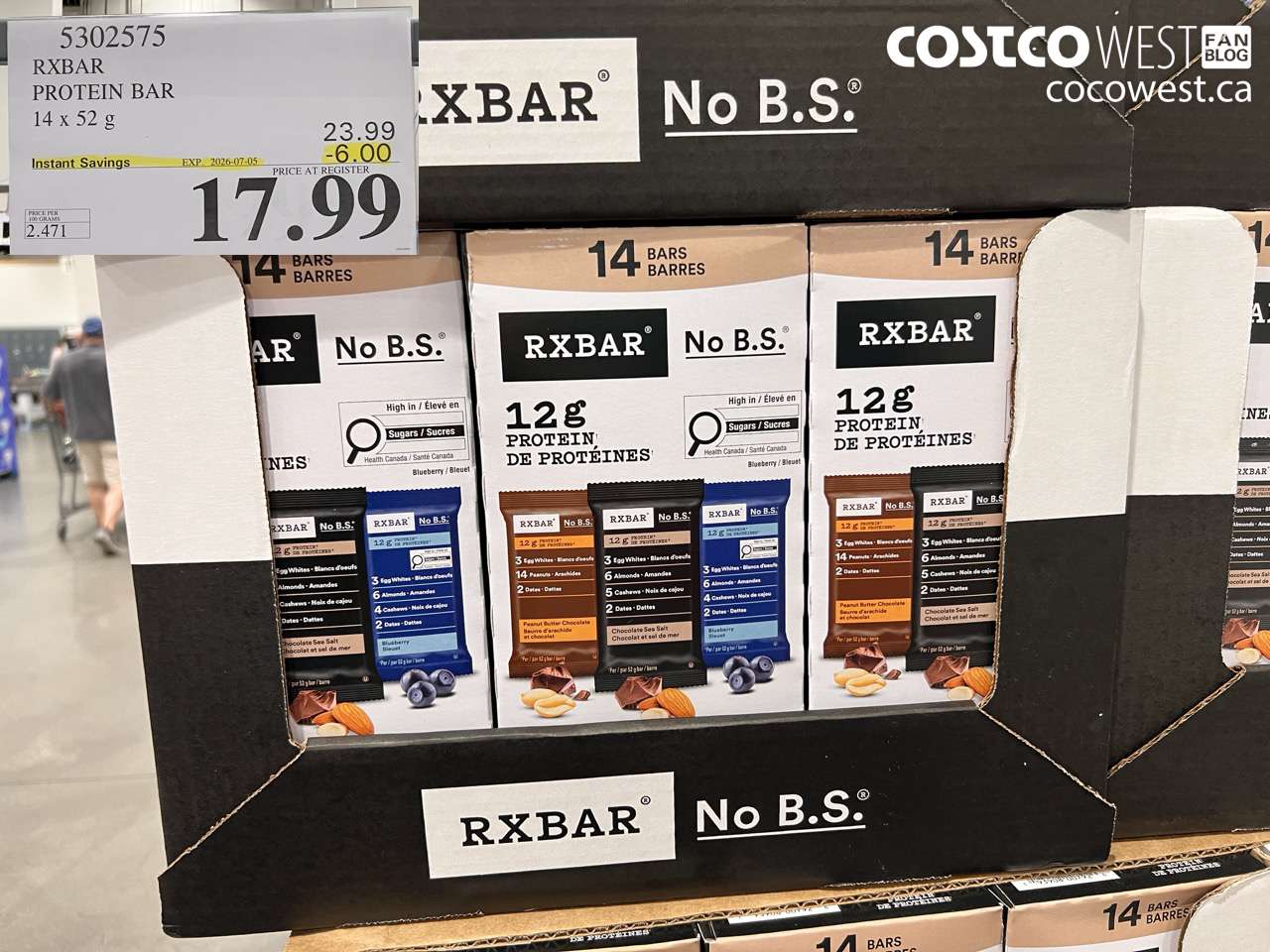 5302575 RXBAR PROTEIN BAR 14 X 52 G ($6.00 INSTANT SAVINGS EXPIRES ON 2026-07-05) $17.99