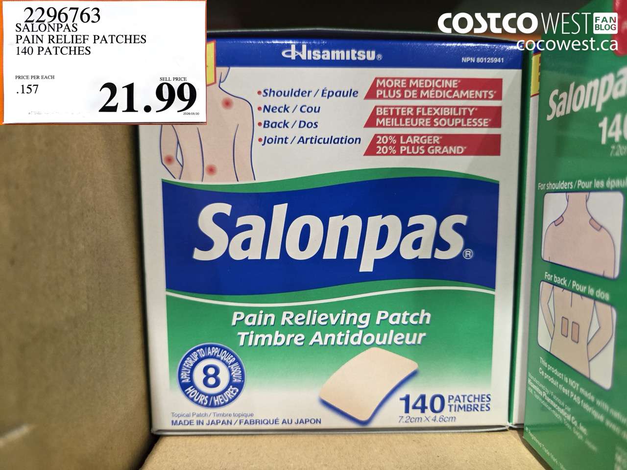 2296763 SALONPAS PAIN RELIEF PATCHES 140 PATCHES $21.99