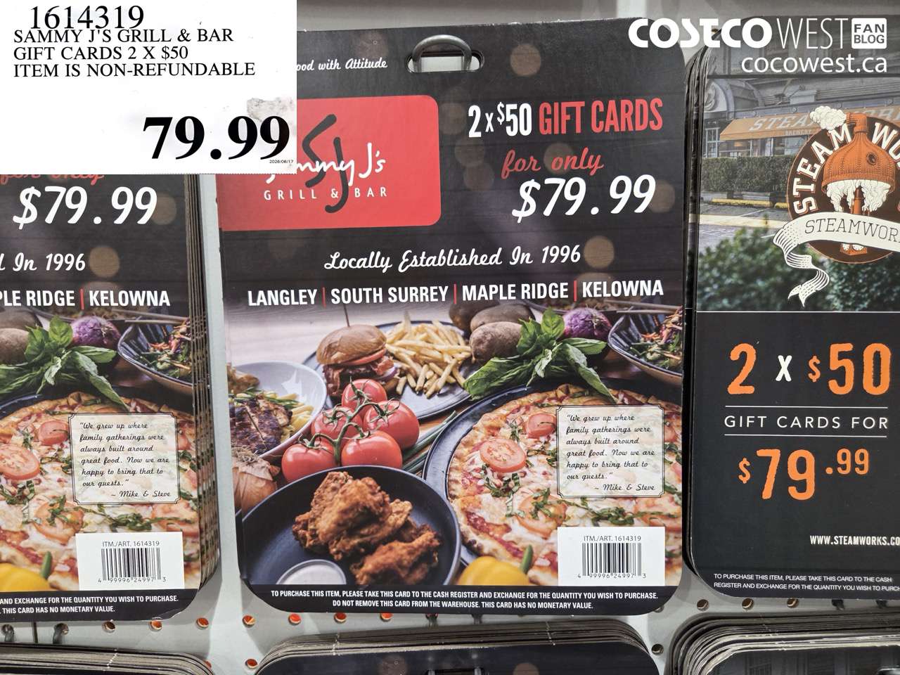 1614319 SAMMY J'S GRILL & BAR GIFT CARDS 2 X $50 ITEM IS NON-REFUNDABLE $79.99