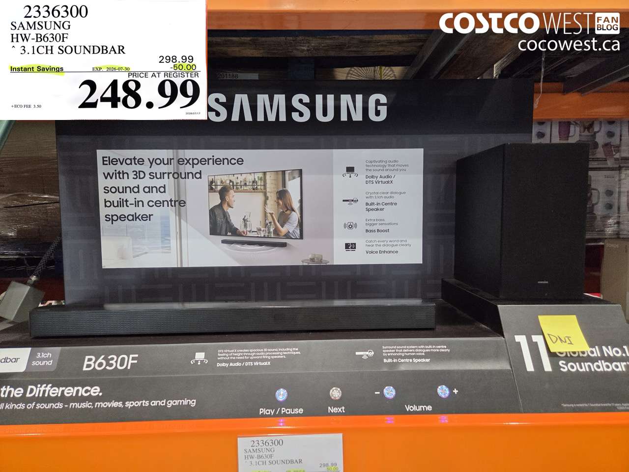 2336300 SAMSUNG HW-B630F 3.1CH SOUNDBAR ($50.00 INSTANT SAVINGS EXPIRES ON 2026-07-30) $248.99