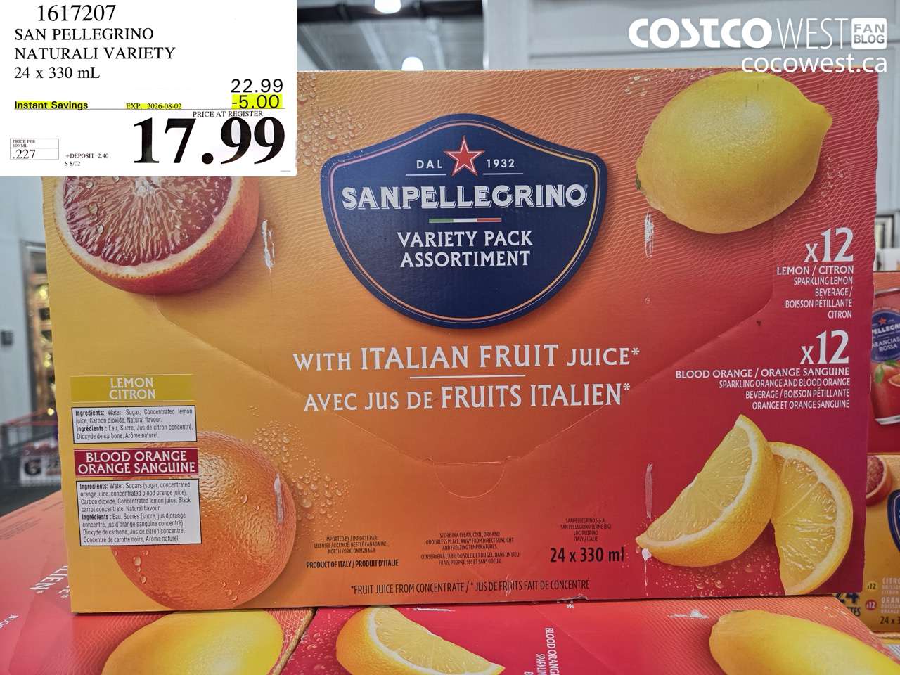 1617207 SAN PELLEGRINO NATURALI VARIETY 24 X 330 ML ($5.00 INSTANT SAVINGS EXPIRES ON 2026-08-02) $17.99