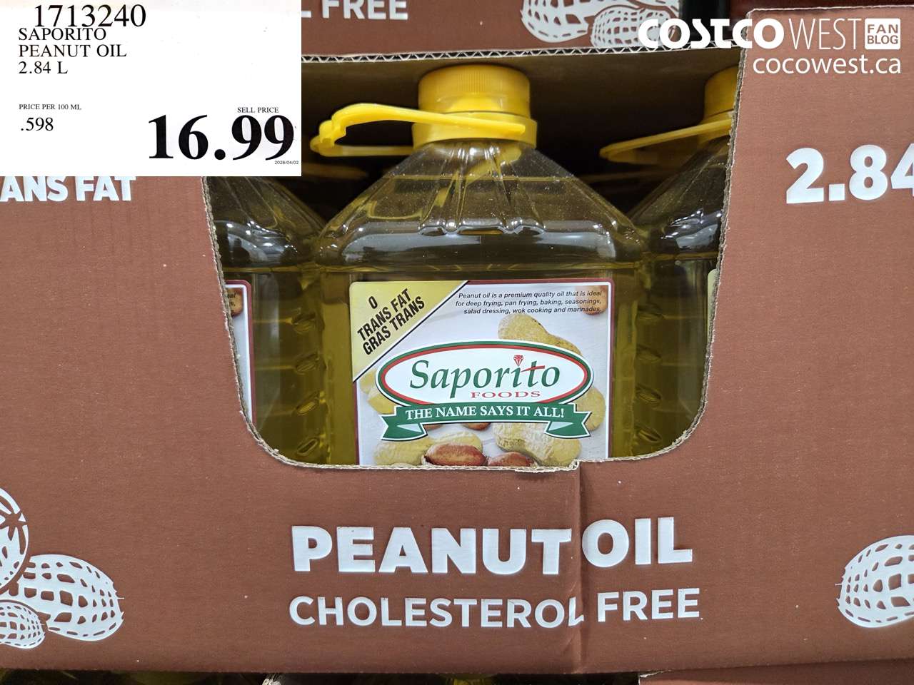 1713240 SAPORITO PEANUT OIL 2.84 L $16.99
