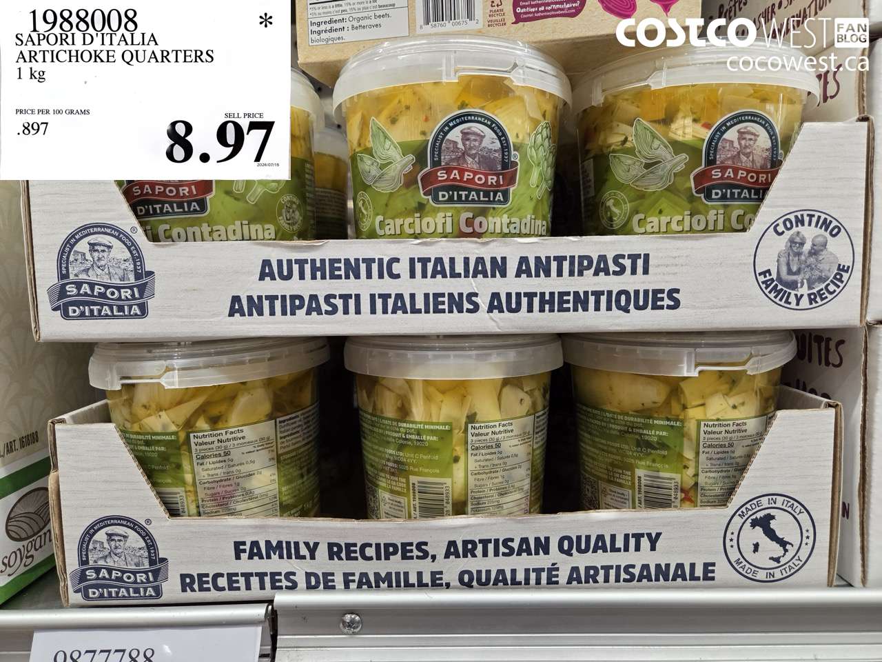 1988008 SAPORI D'ITALIA ARTICHOKE QUARTERS 1 KG $8.97