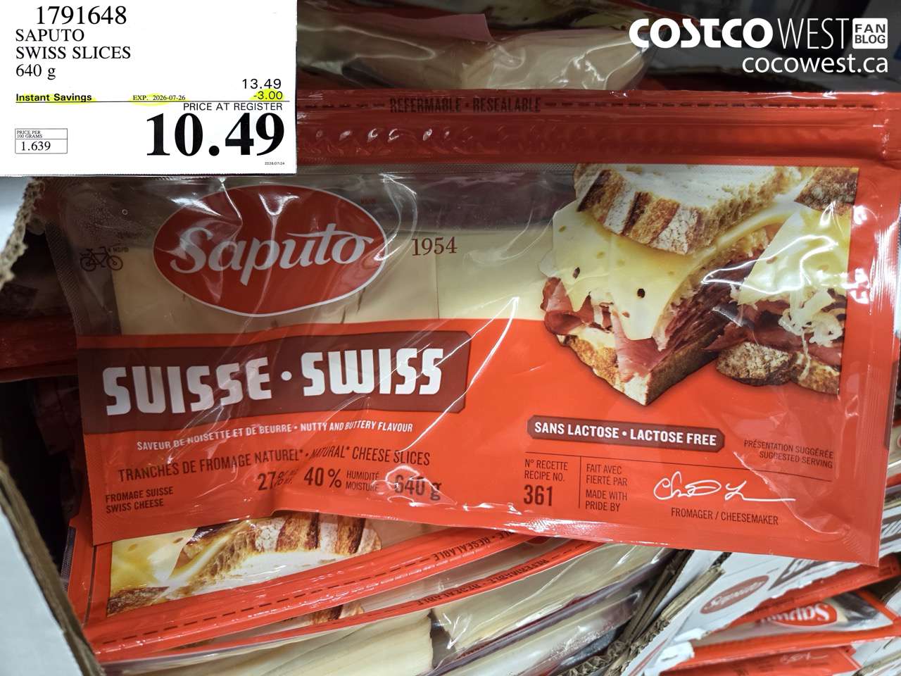1791648 SAPUTO SWISS SLICES 640 G ($3.00 INSTANT SAVINGS EXPIRES ON 2026-07-26) $10.49