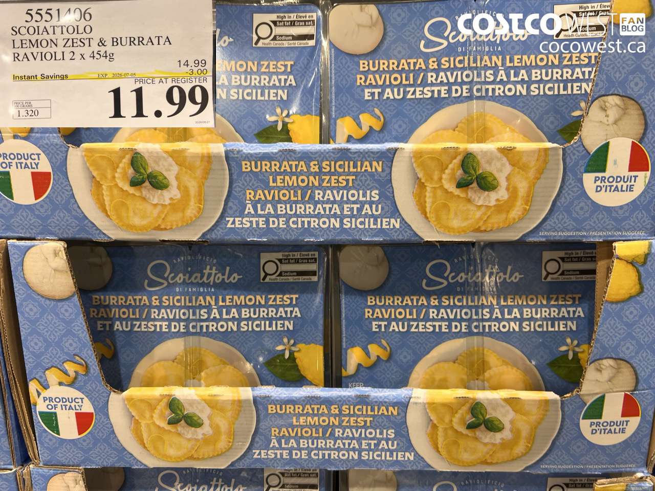 5551406 SCOIATTOLO LEMON ZEST & BURRATA RAVIOLI 2 X 454G ($3.00 INSTANT SAVINGS EXPIRES ON 2026-07-05) $11.99