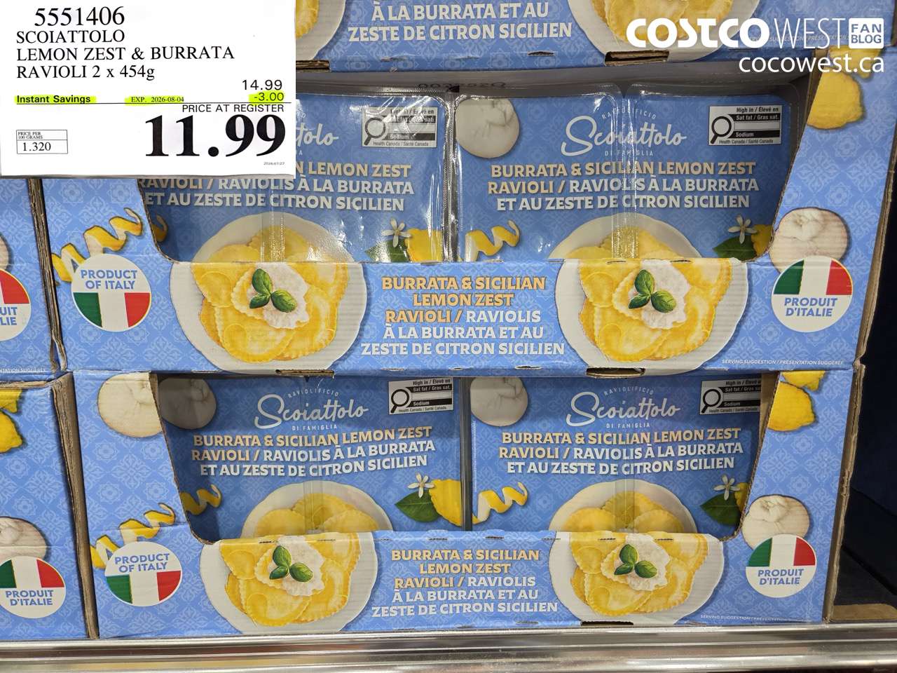 5551406 SCOIATTOLO LEMON ZEST & BURRATA RAVIOLI 2 X 454G ($3.00 INSTANT SAVINGS EXPIRES ON 2026-08-04) $11.99