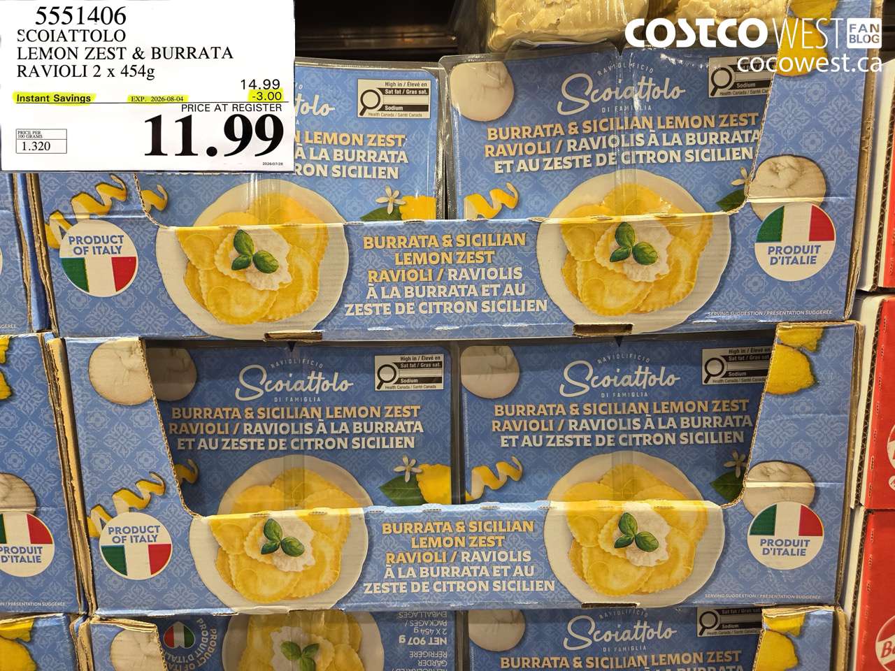 5551406 SCOIATTOLO LEMON ZEST & BURRATA RAVIOLI 2 X 454G ($3.00 INSTANT SAVINGS EXPIRES ON 2026-08-04) $11.99