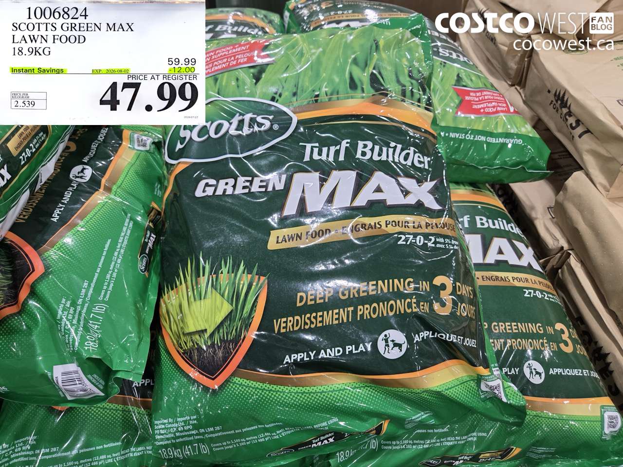 1006824 SCOTTS GREEN MAX LAWN FOOD 18.9KG ($12.00 INSTANT SAVINGS EXPIRES ON 2026-08-02) $47.99