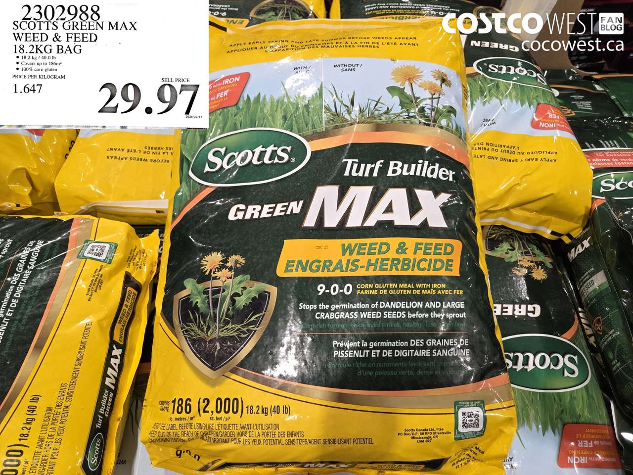 2302988 SCOTTS GREEN MAX WEED & FEED 18.2KG BAG $29.97