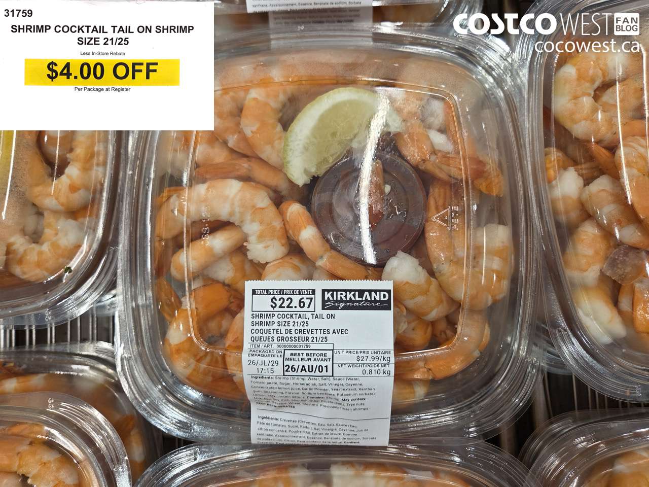 31759 SHRIMP COCKTAIL TAIL ON SHRIMP SIZE 21/25 ($4.00 INSTANT SAVINGS)