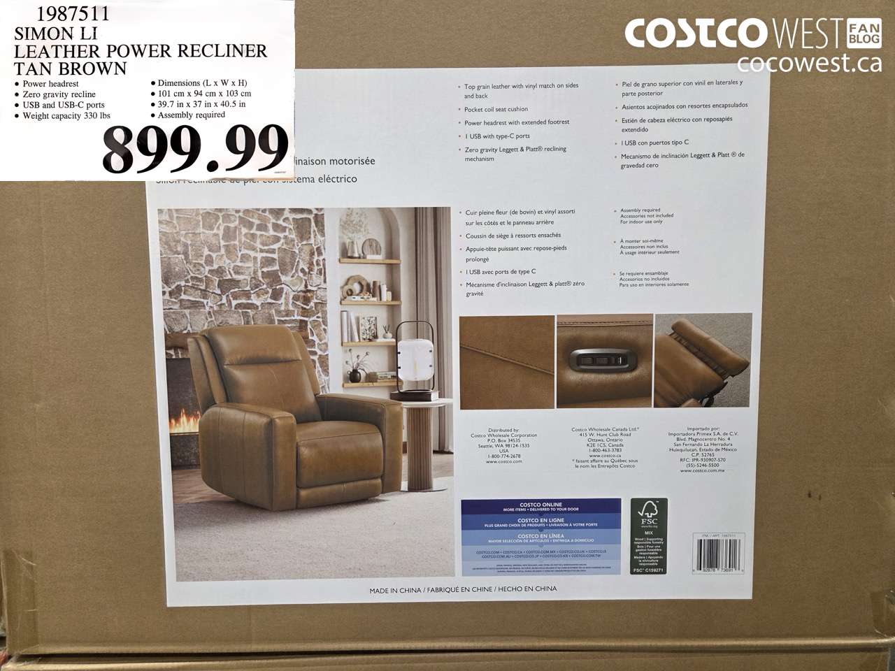 1987511 SIMON LI LEATHER POWER RECLINER TAN BROWN $899.99