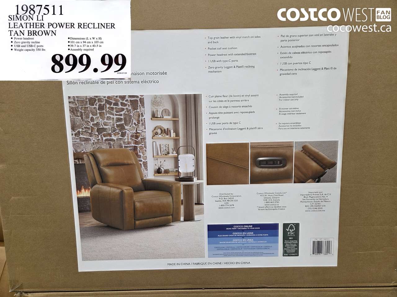 1987511 SIMON LI LEATHER POWER RECLINER TAN BROWN $899.99