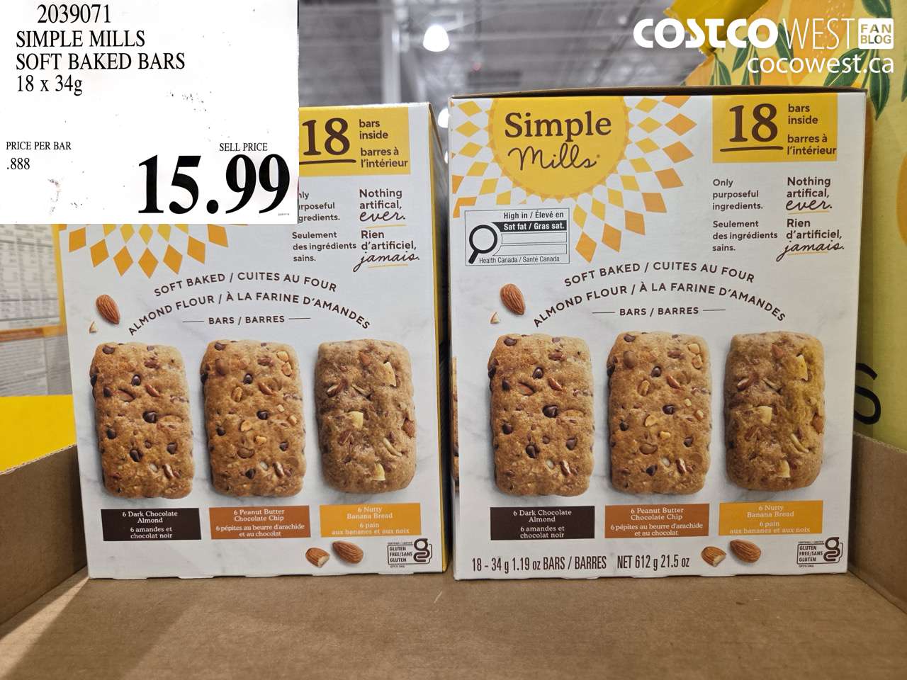 2039071 SIMPLE MILLS SOFT BAKED BARS 18 X 34G $15.99