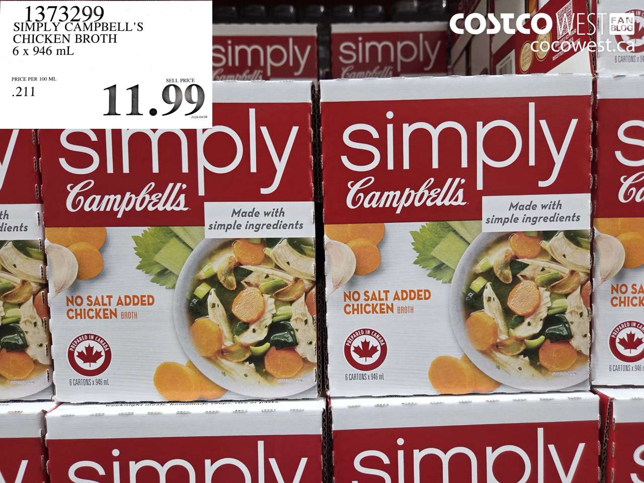 1373299 SIMPLY CAMPBELL'S CHICKEN BROTH 6 X 946 ML $11.99