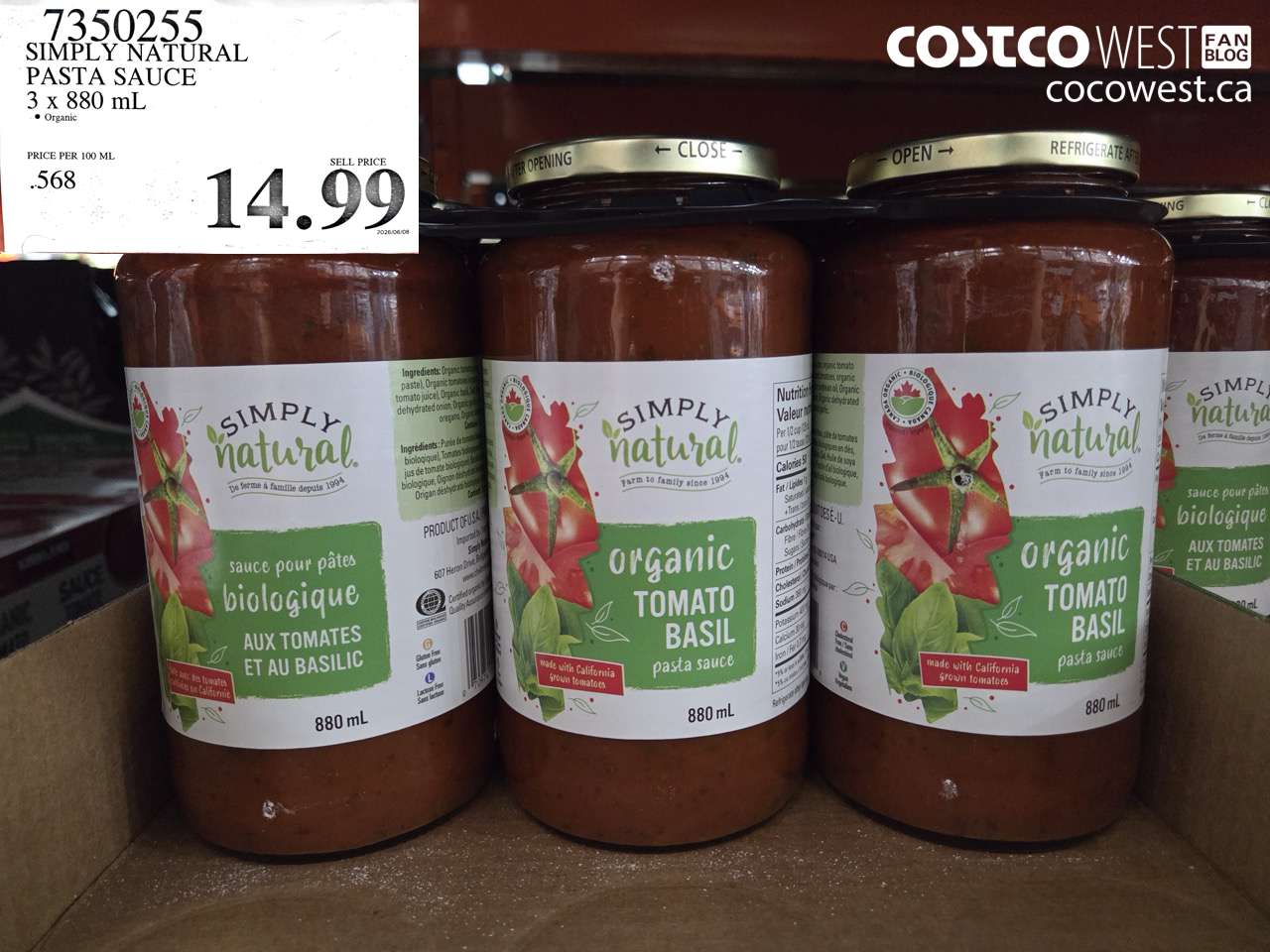 7350255 SIMPLY NATURAL PASTA SAUCE 3 X 880 ML $14.99