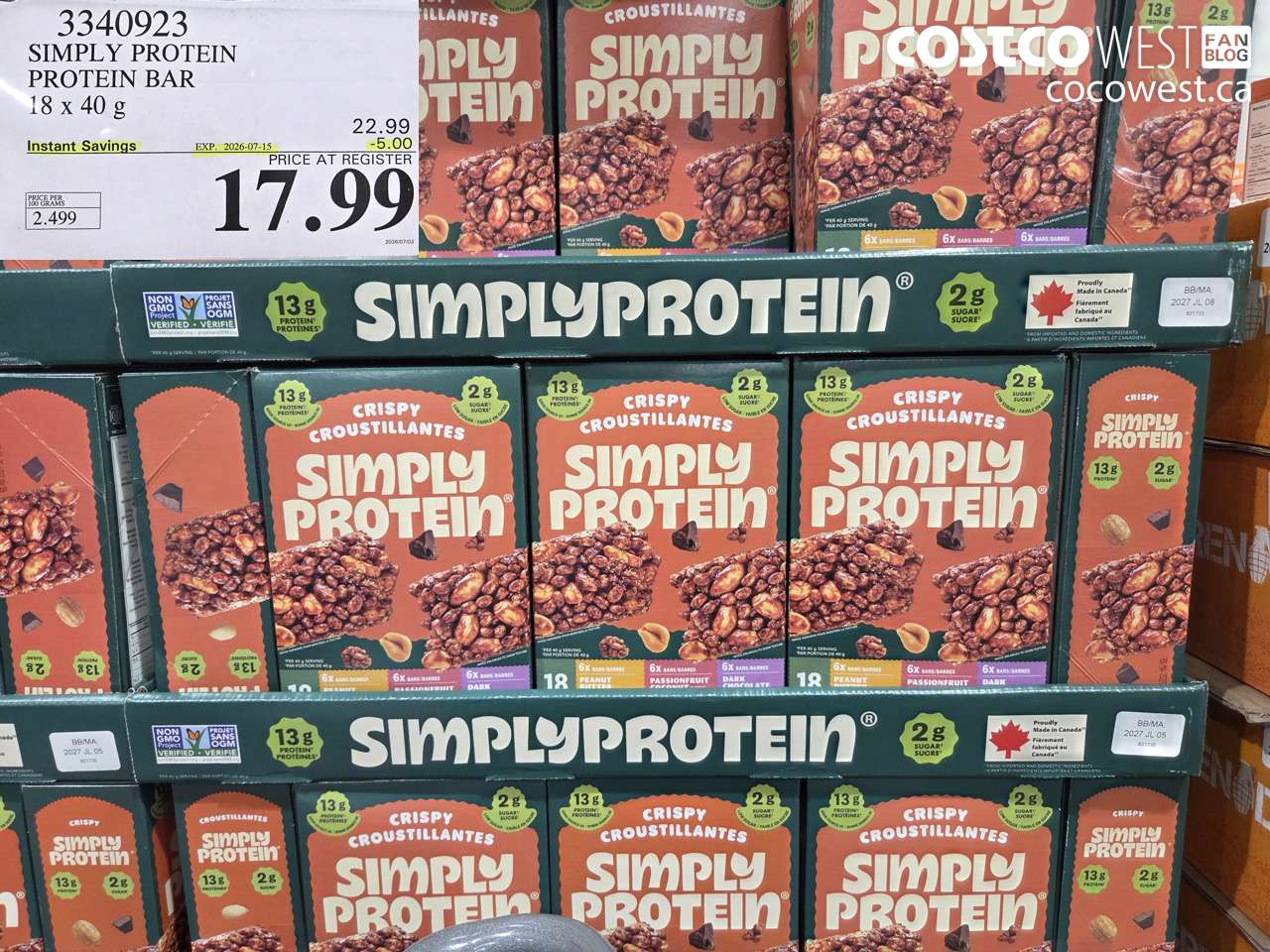 3340923 SIMPLY PROTEIN PROTEIN BAR 18 X 40 G ($5.00 INSTANT SAVINGS EXPIRES ON 2026-07-15) $17.99