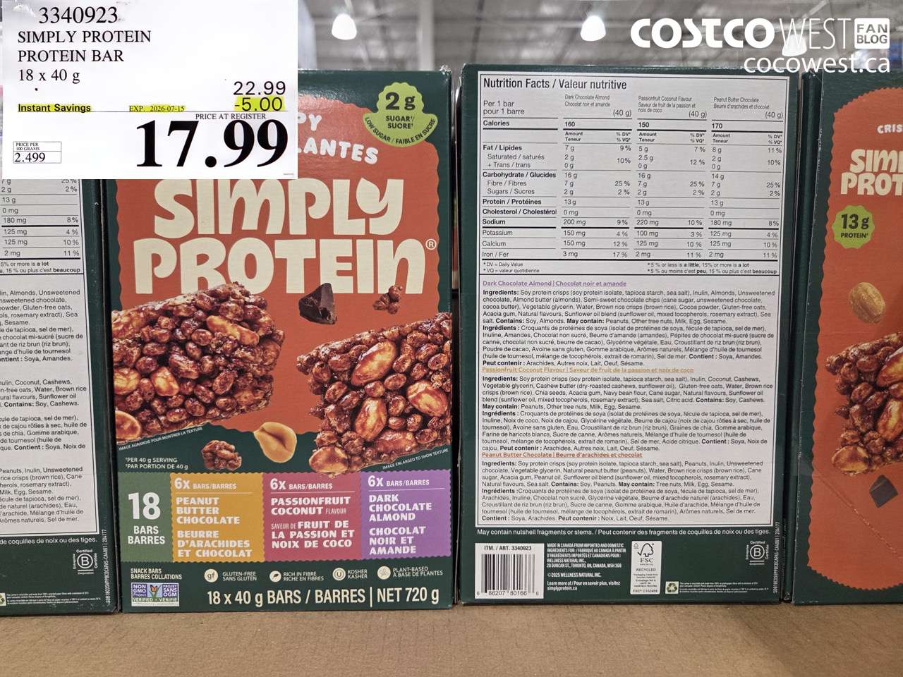 3340923 SIMPLY PROTEIN PROTEIN BAR 18 X 40 G ($5.00 INSTANT SAVINGS EXPIRES ON 2026-07-15) $17.99