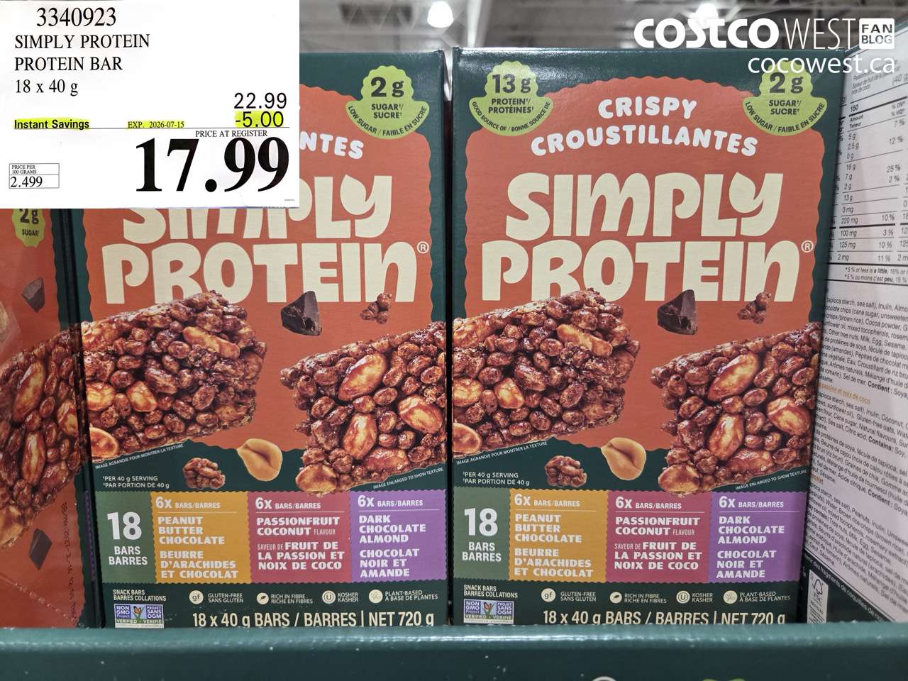 3340923 SIMPLY PROTEIN PROTEIN BAR 18 X 40 G ($5.00 INSTANT SAVINGS EXPIRES ON 2026-07-15) $17.99