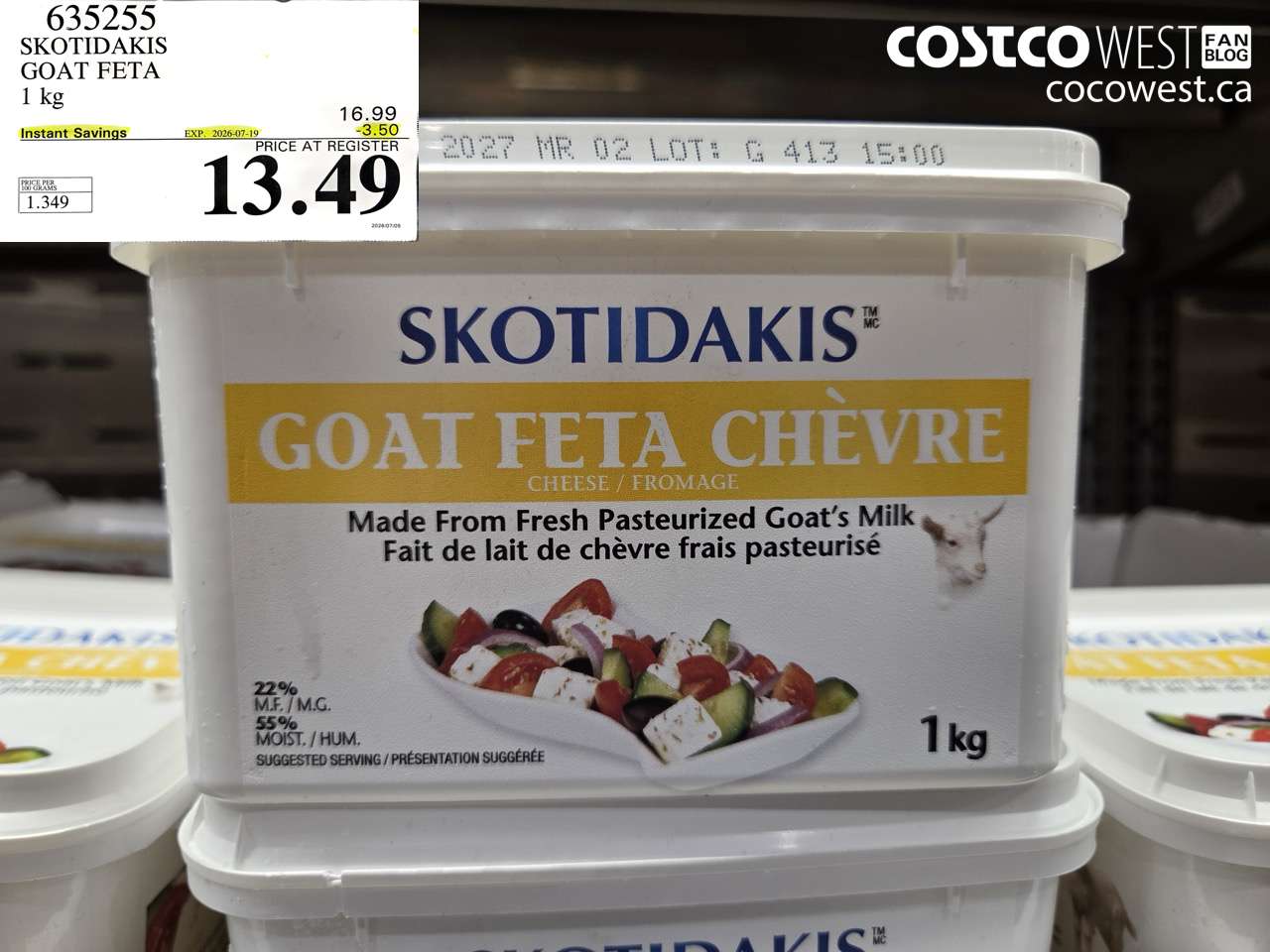 635255 SKOTIDAKIS GOAT FETA 1 KG ($3.50 INSTANT SAVINGS EXPIRES ON 2026-07-19) $13.49