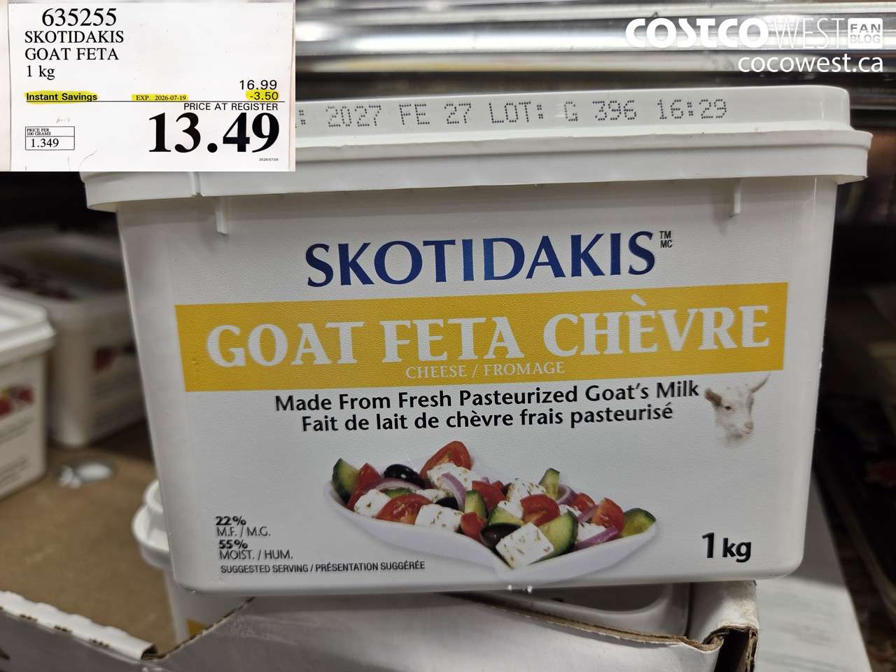 635255 SKOTIDAKIS GOAT FETA 1 KG ($3.50 INSTANT SAVINGS EXPIRES ON 2026-07-19) $13.49