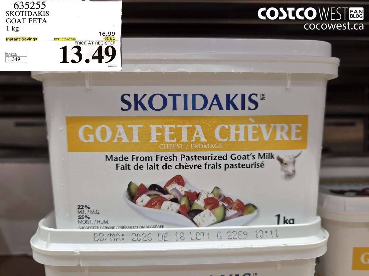635255 SKOTIDAKIS GOAT FETA 1 KG ($3.50 INSTANT SAVINGS EXPIRES ON 2026-07-19) $13.49