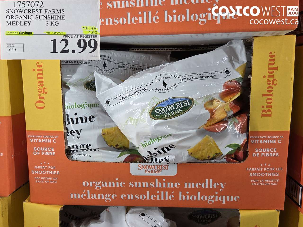 1757072 SNOWCREST FARMS ORGANIC SUNSHINE MEDLEY 2 KG ($4.00 INSTANT SAVINGS EXPIRES ON 2026-07-12) $12.99