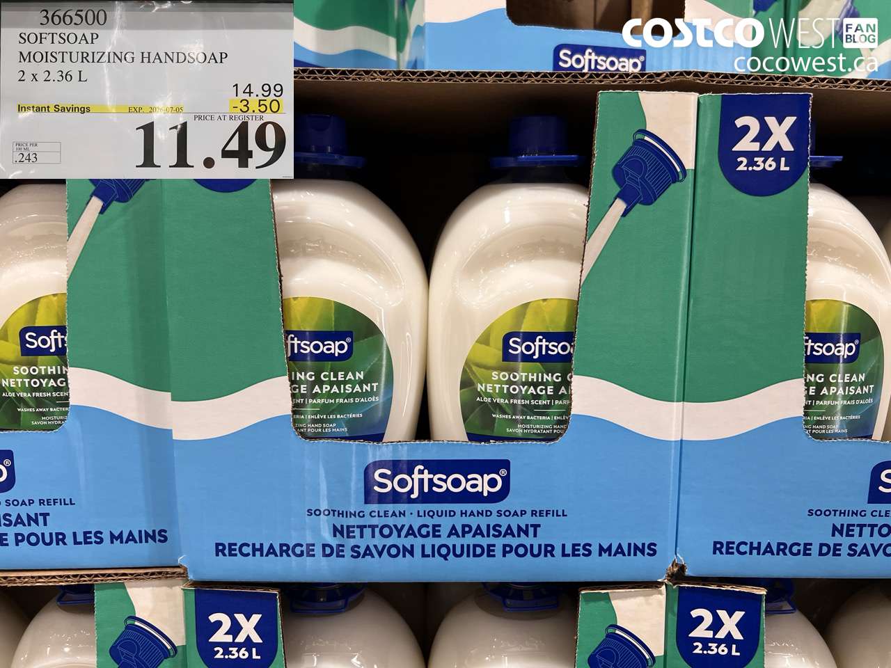 366500 SOFTSOAP MOISTURIZING HANDSOAP 2 X 2.36 L ($3.50 INSTANT SAVINGS EXPIRES ON 2026-07-05) $11.49