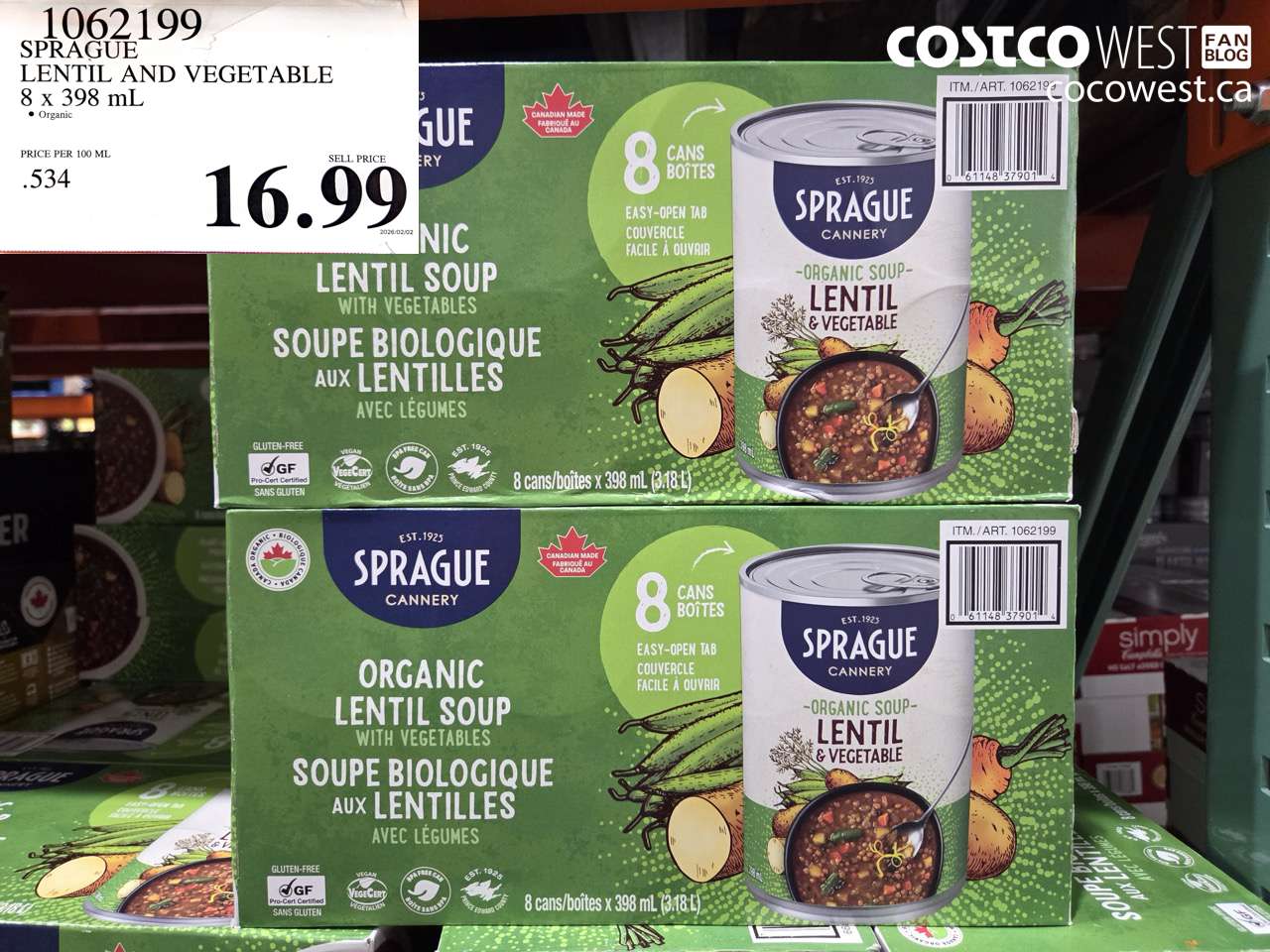 1062199 SPRAGUE LENTIL AND VEGETABLE 8 X 398 ML $16.99