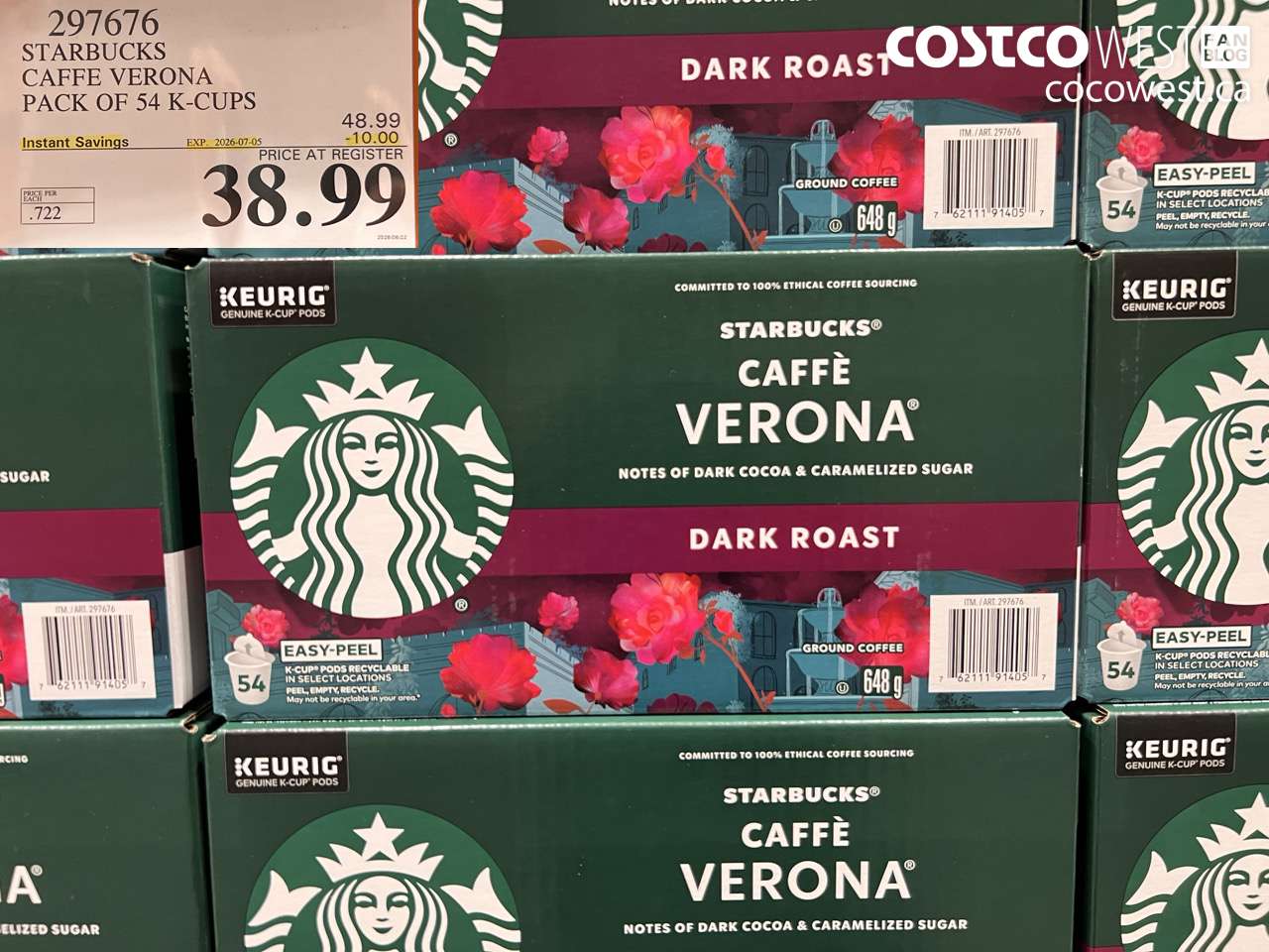297676 STARBUCKS CAFFEE VERONA PACK OF 54 K-CUPS ($10.00 INSTANT SAVINGS EXPIRES ON 2026-07-05) $38.99