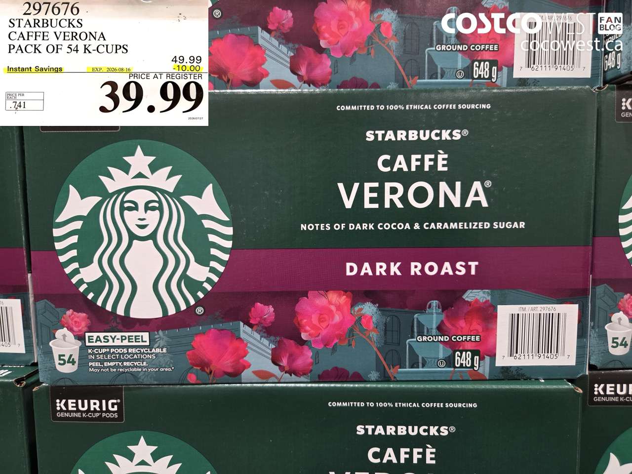297676 STARBUCKS CAFFEE VERONA PACK OF 54 K-CUPS ($10.00 INSTANT SAVINGS EXPIRES ON 2026-08-16) $39.99