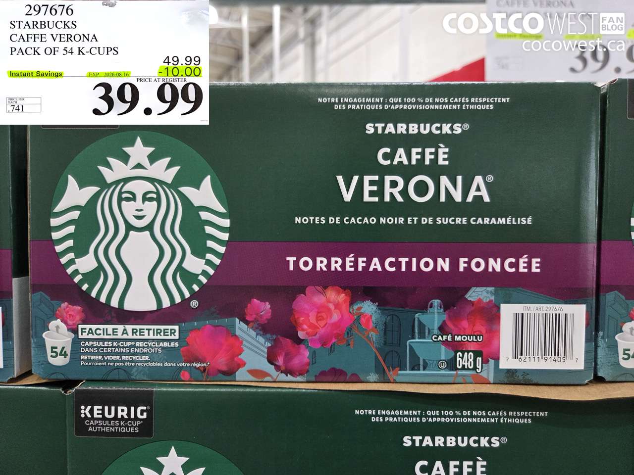 297676 STARBUCKS CAFFE VERONA PACK OF 54 K-CUPS ($10.00 INSTANT SAVINGS EXPIRES ON 2026-08-16) $39.99