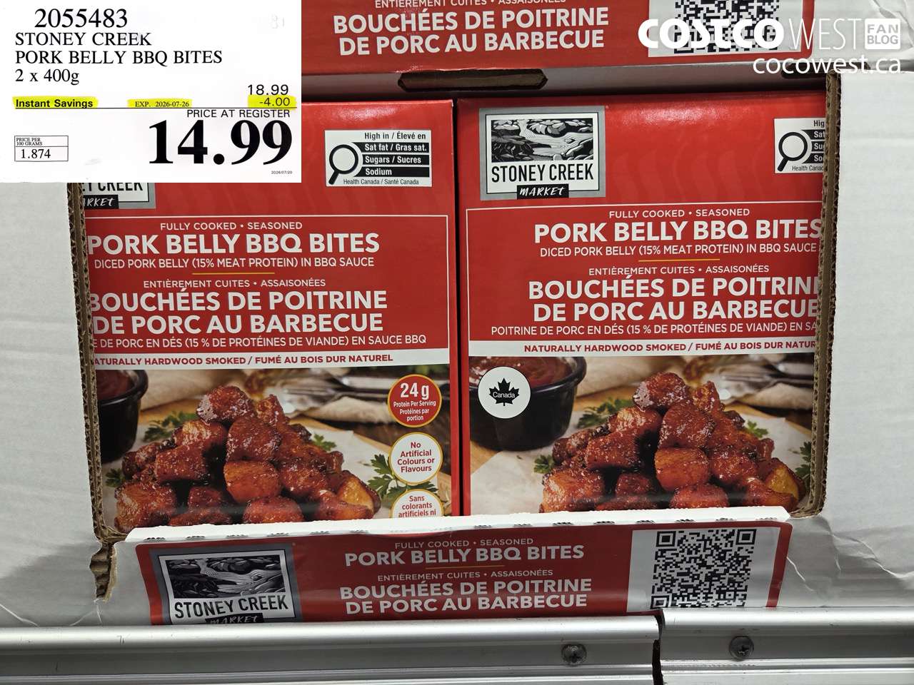 2055483 STONEY CREEK PORK BELLY BBQ BITES 2 X 400G ($4.00 INSTANT SAVINGS EXPIRES ON 2026-07-26) $14.99