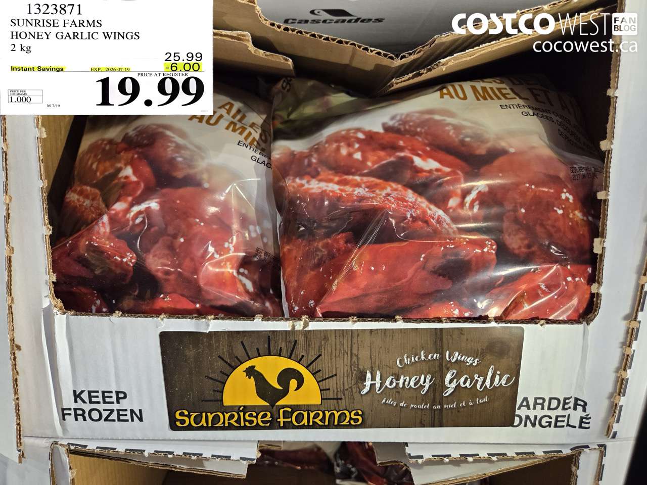 1323871 SUNRISE FARMS HONEY GARLIC WINGS 2 KG ($6.00 INSTANT SAVINGS EXPIRES ON 2026-07-19) $19.99