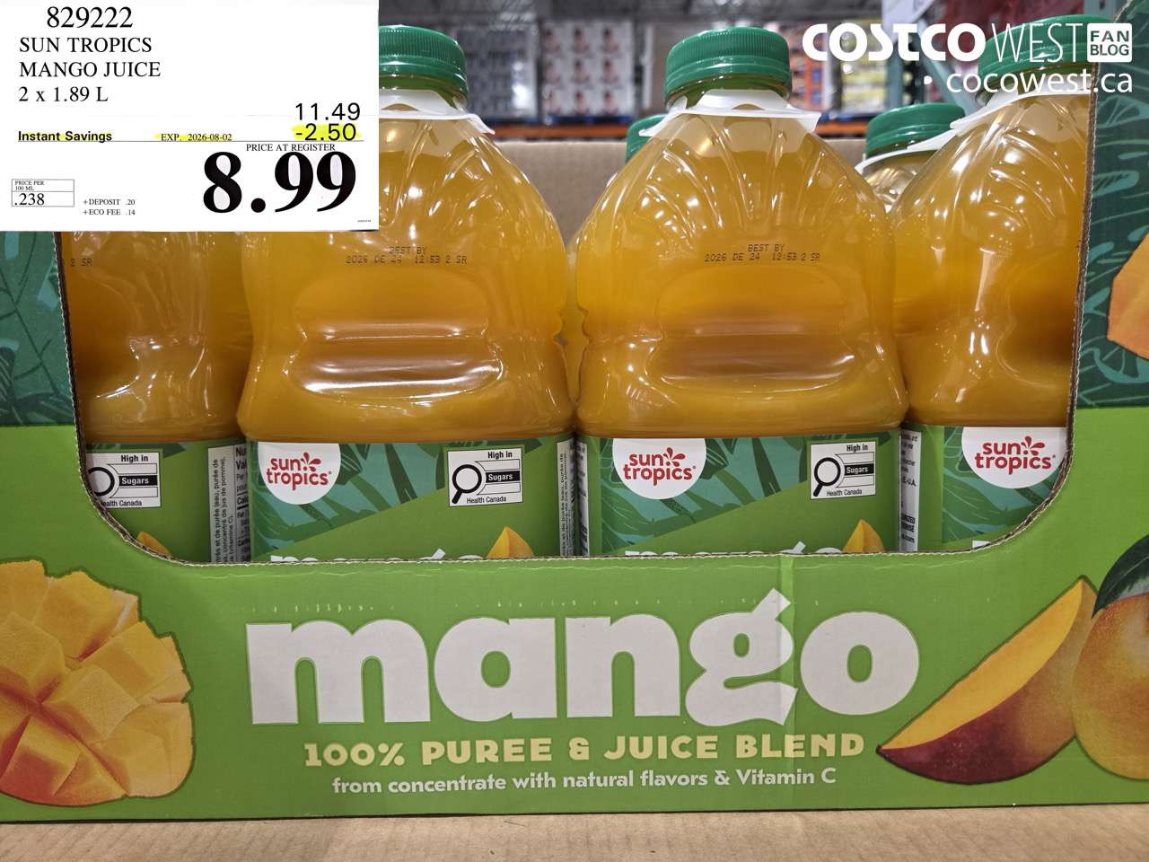 829222 SUN TROPICS MANGO JUICE 2 X 1.89 L ($2.50 INSTANT SAVINGS EXPIRES ON 2026-08-02) $8.99