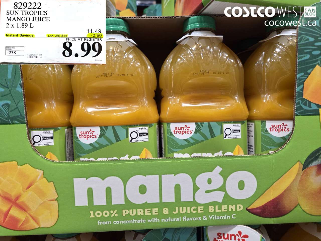 829222 SUN TROPICS MANGO JUICE 2 X 1.89 L ($2.50 INSTANT SAVINGS EXPIRES ON 2026-08-02) $8.99