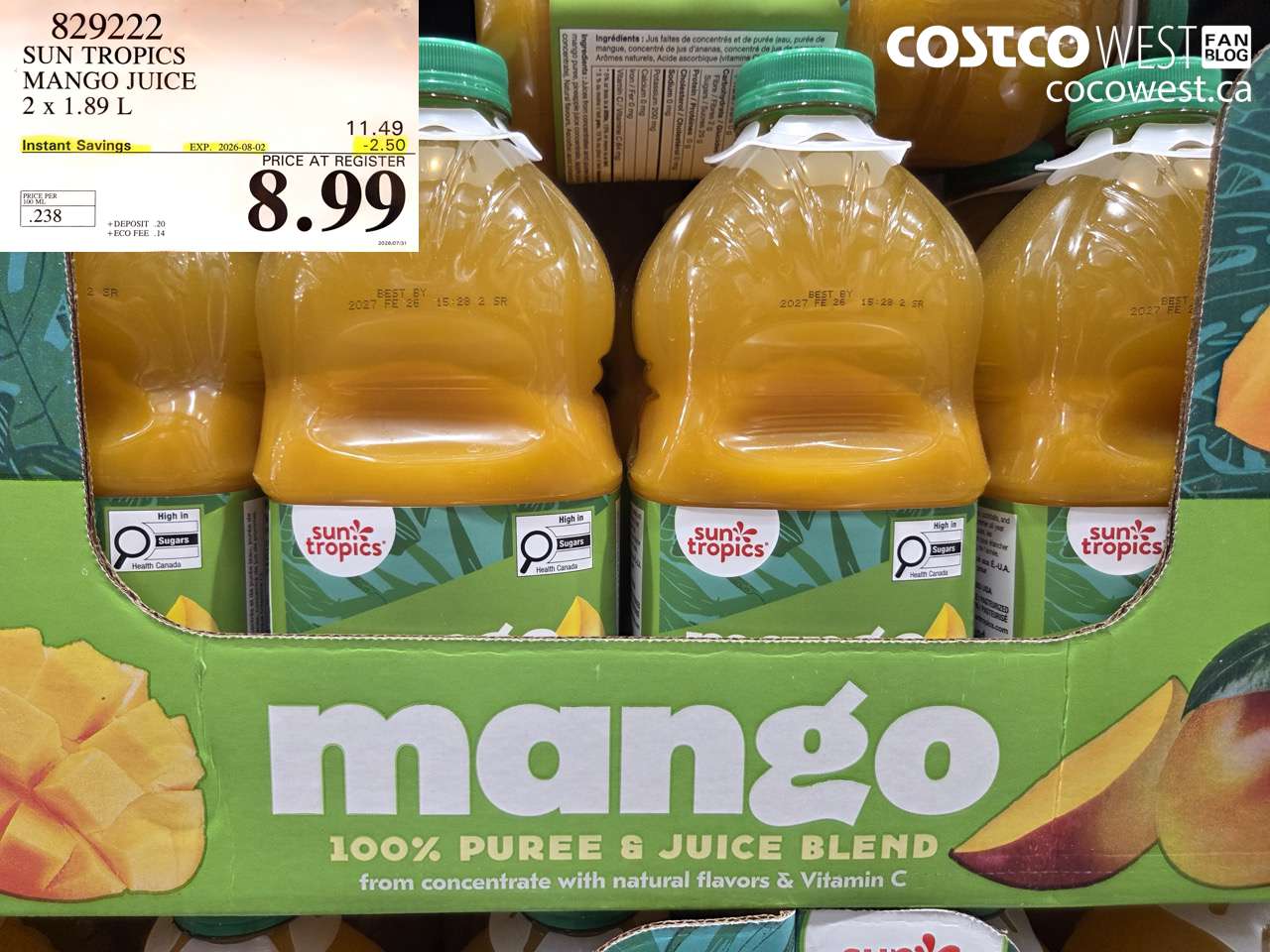 829222 SUN TROPICS MANGO JUICE 2 X 1.89 L ($2.50 INSTANT SAVINGS EXPIRES ON 2026-08-02) $8.99
