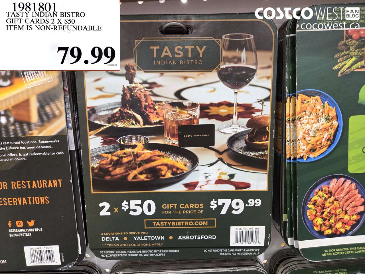 1981801 TASTY INDIAN BISTRO GIFT CARDS 2 X $50 ITEM IS NON-REFUNDABLE $79.99