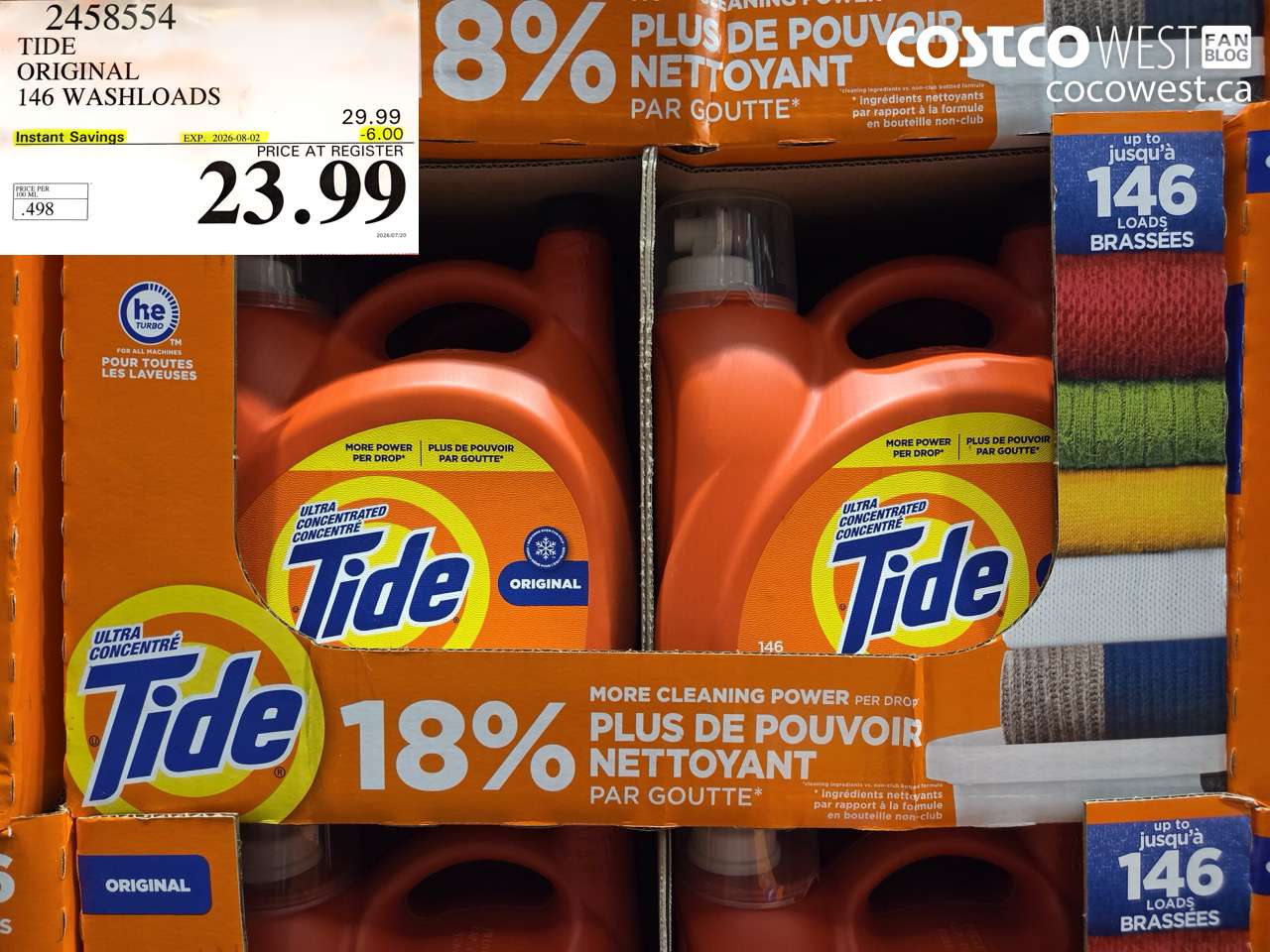 2458554 TIDE ORIGINAL 146 WASHLOADS ($6.00 INSTANT SAVINGS EXPIRES ON 2026-08-02) $23.99
