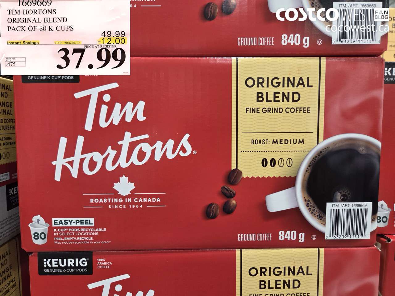 1669669 TIM HORTONS ORIGINAL BLEND PACK OF 80 K-CUPS ($12.00 INSTANT SAVINGS EXPIRES ON 2026-07-19) $37.99