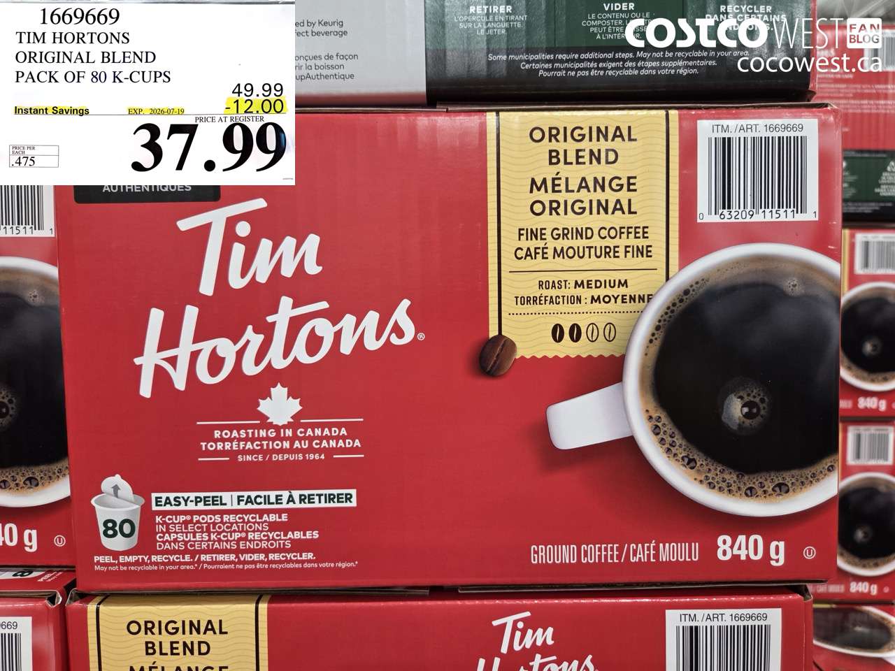1669669 TIM HORTONS ORIGINAL BLEND PACK OF 80 K-CUPS ($12.00 INSTANT SAVINGS EXPIRES ON 2026-07-19) $37.99