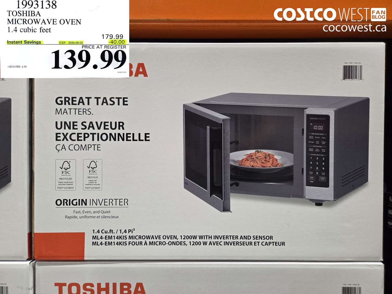 1993138 TOSHIBA MICROWAVE OVEN 1.4 CUBIC FEET ($40.00 INSTANT SAVINGS EXPIRES ON 2026-08-02) $139.99