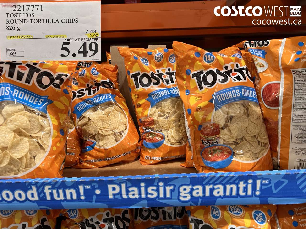2217771 TOSTITOS ROUND TORTILLA CHIPS 826 G ($2.00 INSTANT SAVINGS EXPIRES ON 2026-07-05) $5.49
