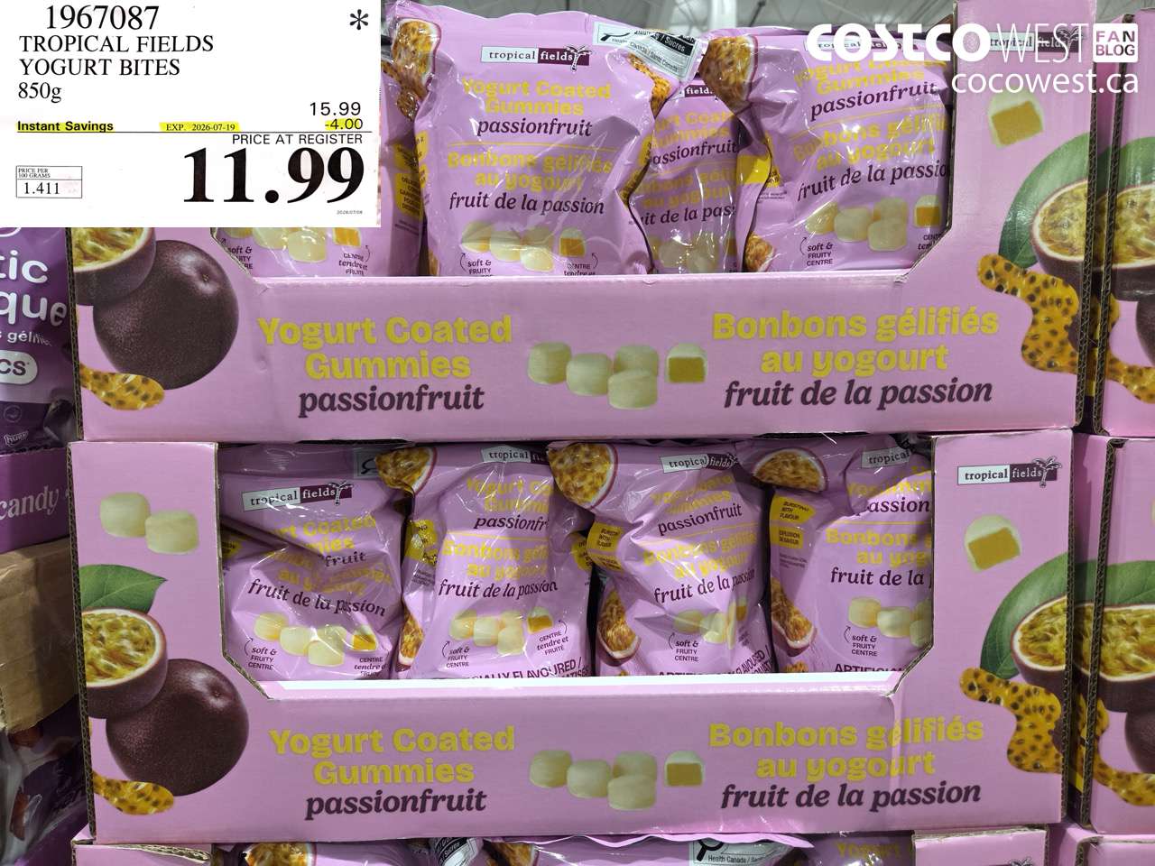 1967087 TROPICAL FIELDS YOGURT BITES 850G ($4.00 INSTANT SAVINGS EXPIRES ON 2026-07-19) $11.99